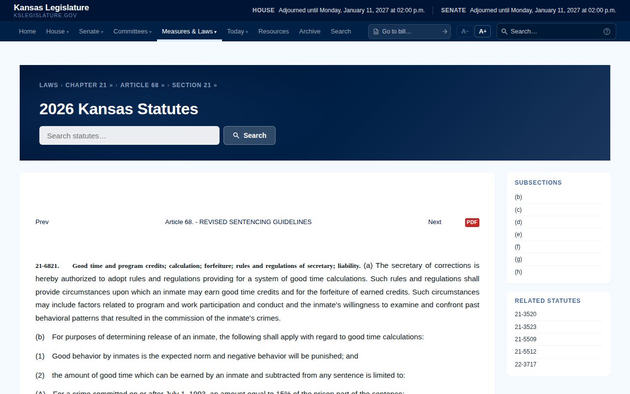 Kansas statute governing Woodson County projected release date credits